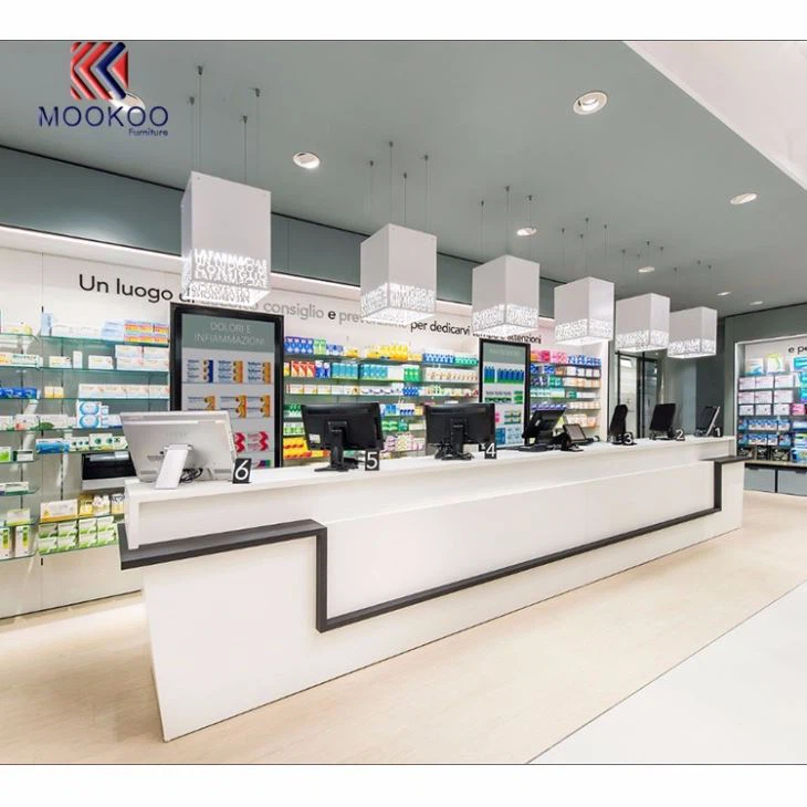 Drug Store Wall Display Shelves Checkout Counter Design