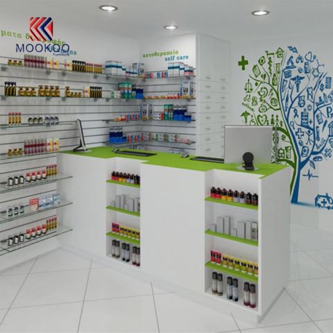 מדפי תצוגה בחנות התרופות ריהוט זכוכית שקופה
